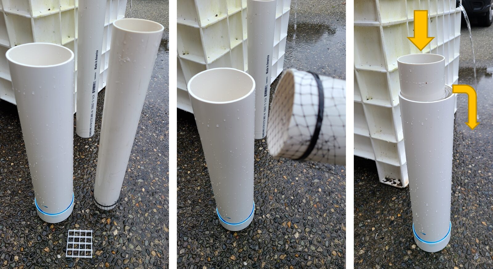 Silo made from PVC pipe with a mesh screen, shown in three assembly steps